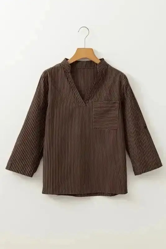 Brown Stripe Roll-Up Sleeve V-Neck Shirt Women UK styled as a versatile everyday smart-casual outfit — Fashionfitz