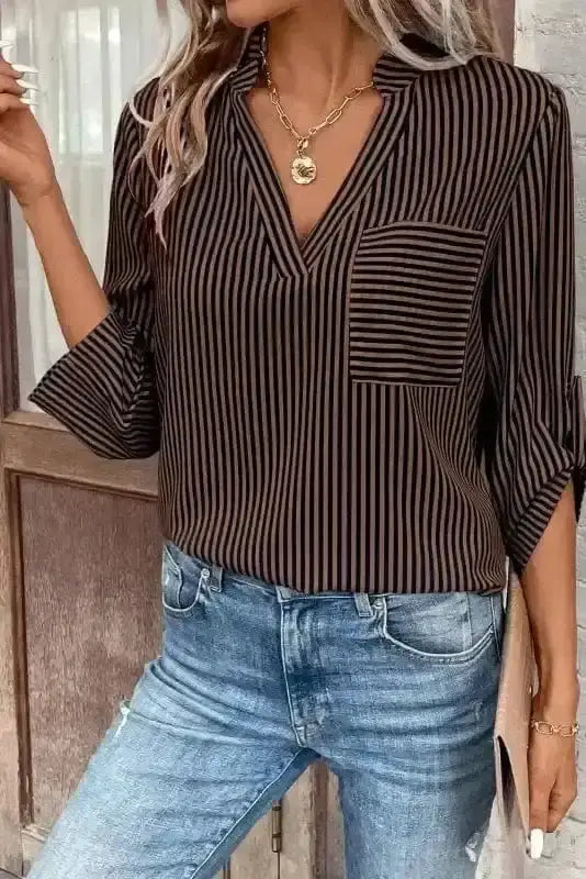 Side view of Striped Roll-Up Sleeve V-Neck Shirt showing roll-up sleeve tab detail and shirred bodice — Fashionfitz