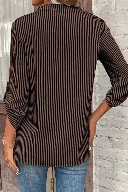 Back view of Striped Roll-Up Sleeve V-Neck Shirt showing long sleeve silhouette and relaxed fit — Fashionfitz