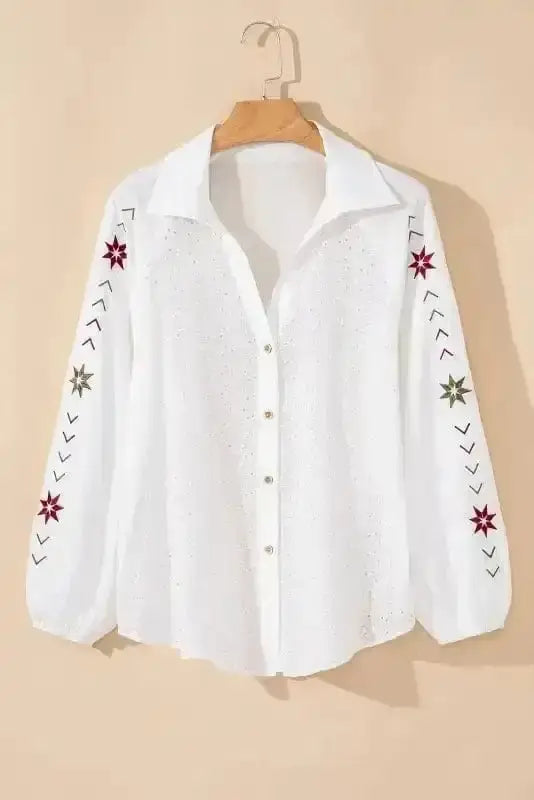 White Cotton Floral Embroidered Puff Sleeve Shirt Women UK styled as an artisan boho vacation outfit — Fashionfitz