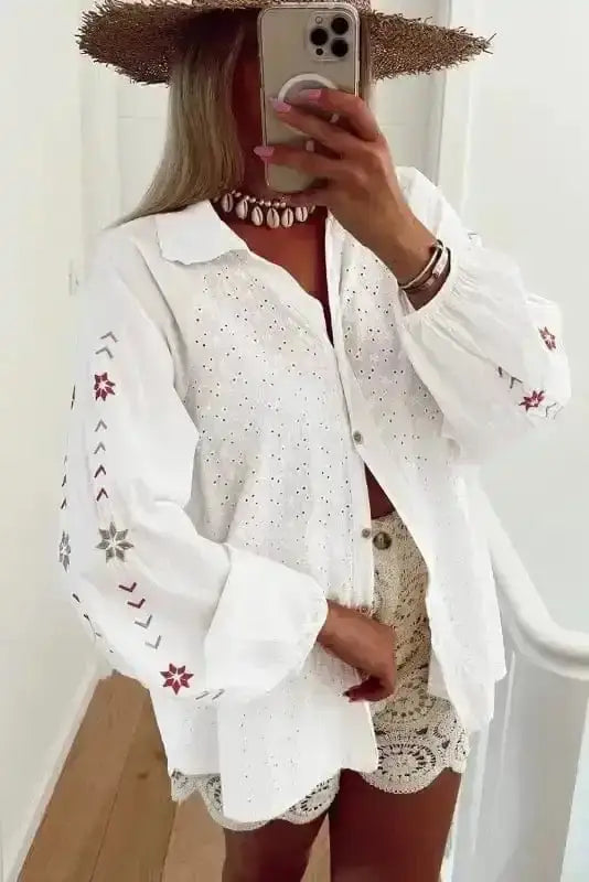 Close-up of Cotton Floral Embroidered Puff Sleeve Shirt showing intricate floral embroidery and delicate eyelet openwork on 100% cotton — Fashionfitz
