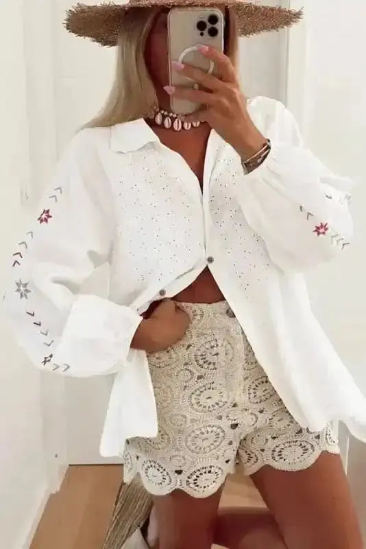 Back view of Cotton Floral Embroidered Puff Sleeve Shirt showing long puff sleeve structure and shirt collar — Fashionfitz