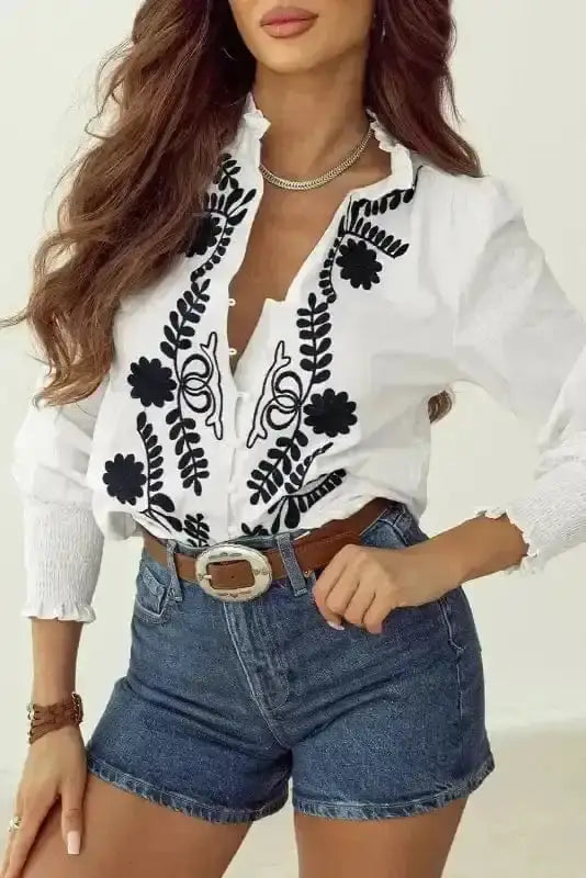 White Floral Embroidered Cotton Linen Shirt Women UK styled as an elegant occasion or garden party outfit — Fashionfitz