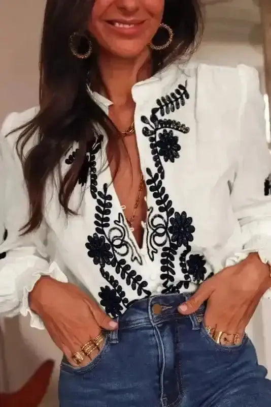 Close-up of White Floral Embroidered Cotton Linen Shirt showing raised 3D floral embroidery stitching detail — Fashionfitz