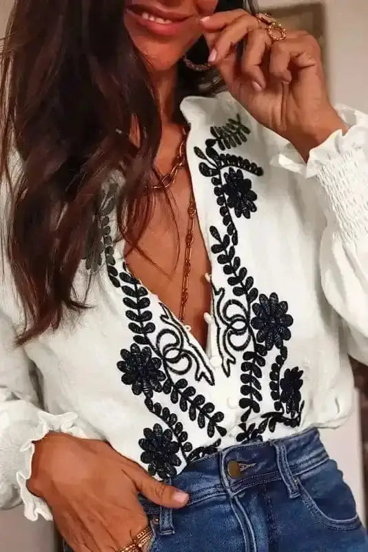 Side view of White Floral Embroidered Shirt showing flutter sleeve detail and cotton fabric drape — Fashionfitz