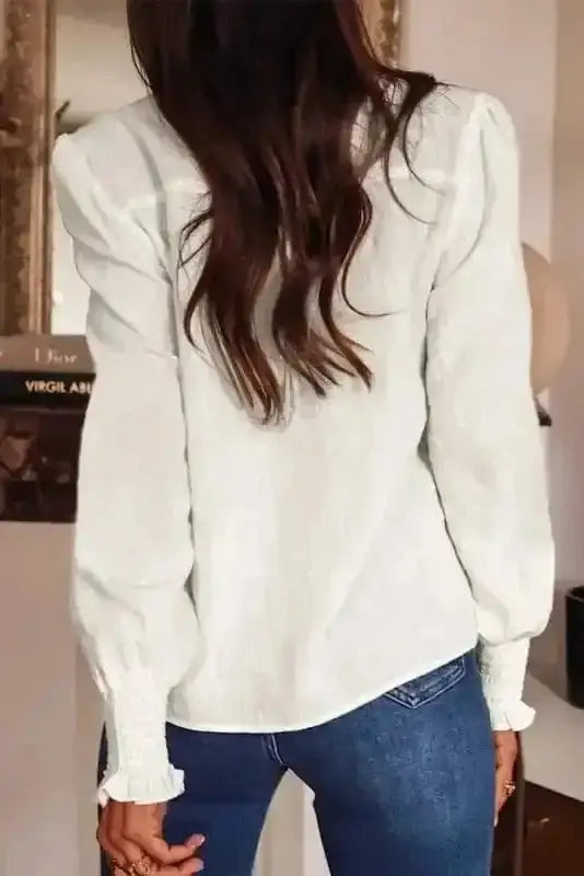Back view of White Floral Embroidered Cotton Linen Shirt showing long sleeves and elegant silhouette — Fashionfitz