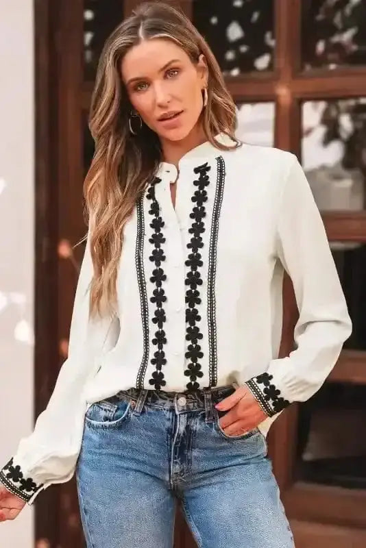 Shirts Embroidered Stand Neck Shirt - Off White