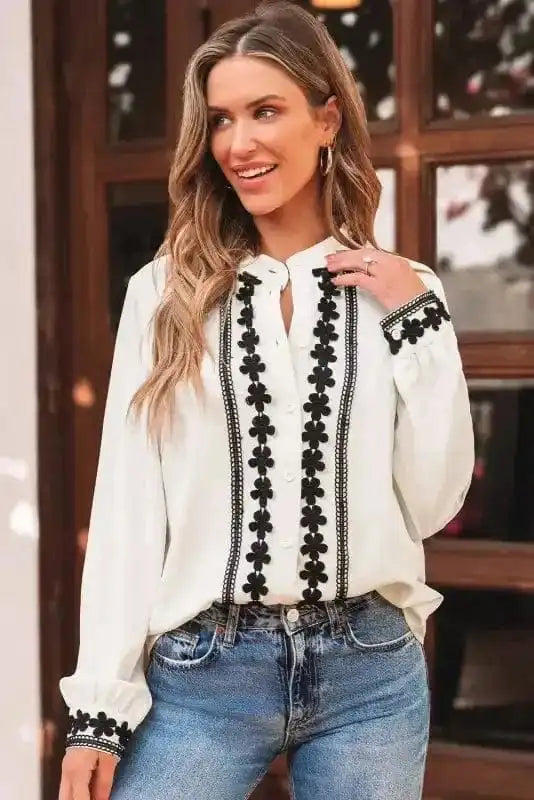 Shirts Embroidered Stand Neck Shirt - Off White