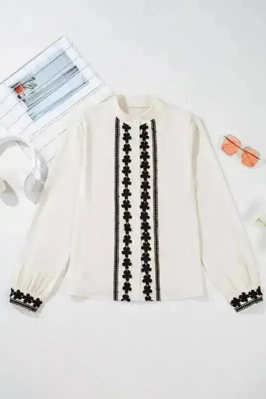Off White Embroidered Stand Neck Button Shirt Women UK styled as a refined artisan smart-casual occasion outfit — Fashionfitz