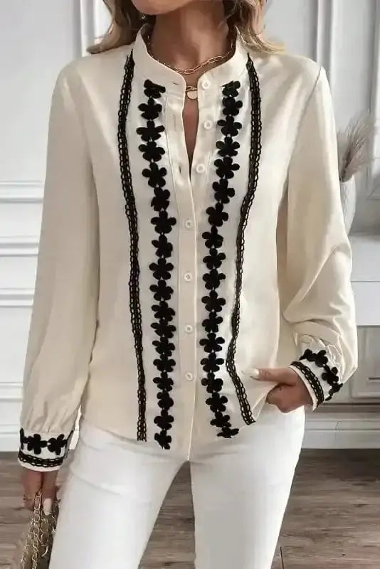 Close-up of Off White Embroidered Stand Neck Button Shirt showing intricate embroidery detail on premium cotton — Fashionfitz