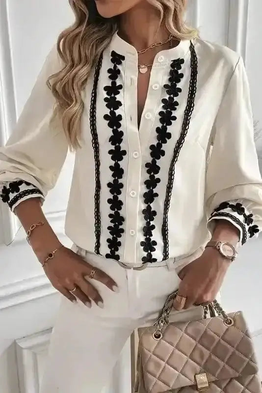 Side view of Off White Embroidered Stand Neck Shirt showing shirred detail and embroidered fabric drape — Fashionfitz