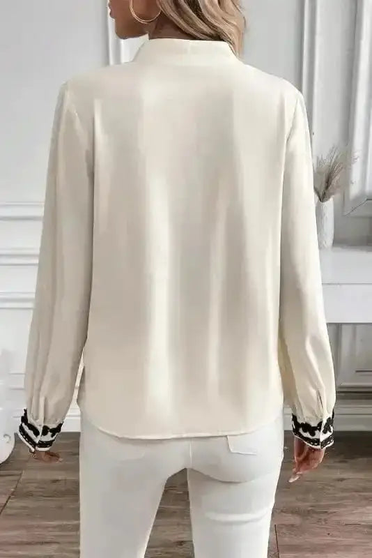 Back view of Off White Embroidered Stand Neck Button Shirt showing long sleeves and button-front construction — Fashionfitz