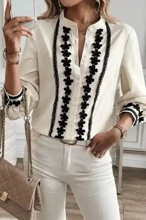 Off white embroidered stand neck button shirt front view — Fashionfitz UK
