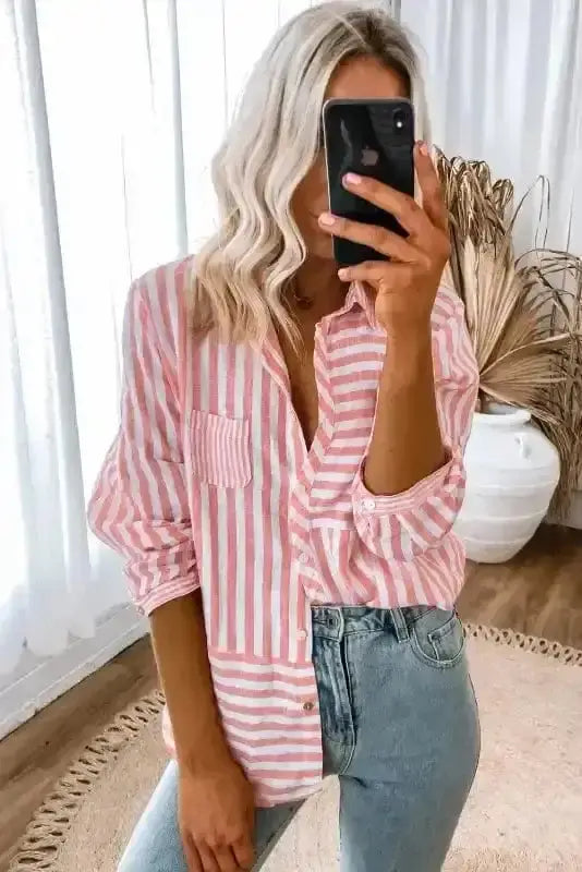 Pink Striped Casual Shirt Blouse Women UK styled as a fresh everyday smart-casual outfit — Fashionfitz