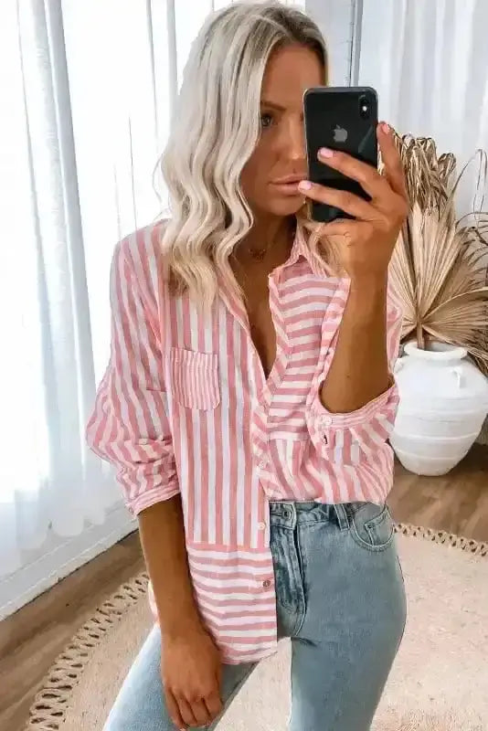Side view of Pink Striped Casual Shirt Blouse showing shirred detail and poly-cotton fabric drape — Fashionfitz