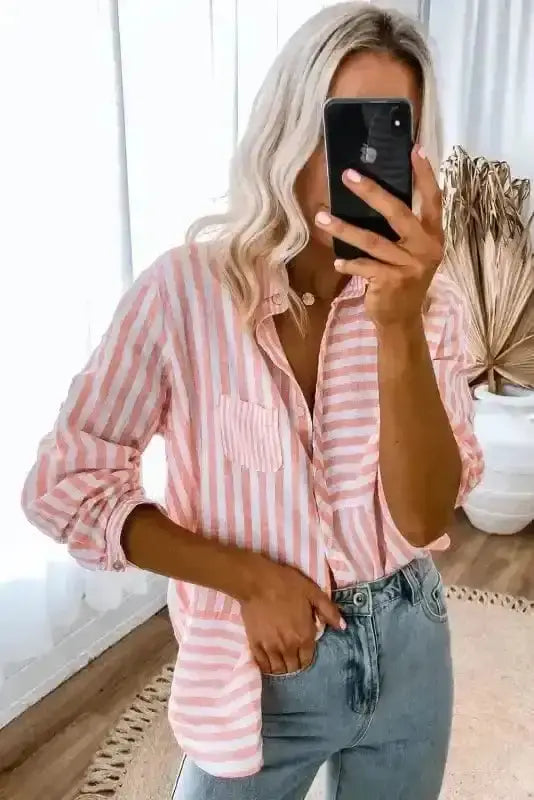 Back view of Pink Striped Casual Shirt Blouse showing long sleeves and relaxed comfortable silhouette — Fashionfitz
