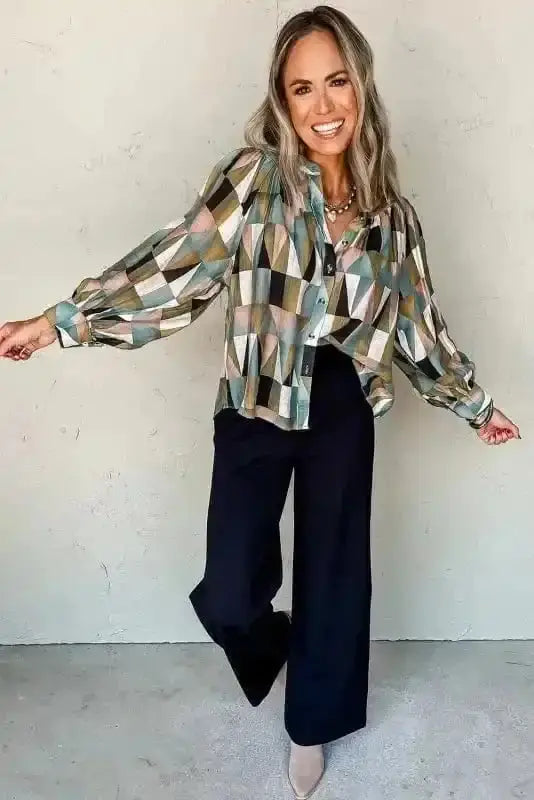 Green Geometric Print Balloon Sleeve Loose Fit Top Women UK styled as a boldly distinctive occasion outfit — Fashionfitz