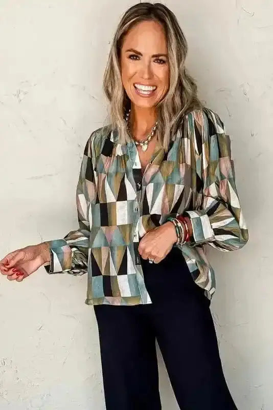 Close-up of Geometric Print Balloon Sleeve Loose Fit Top showing bold green geometric print on 81% viscose-polyamide fabric — Fashionfitz