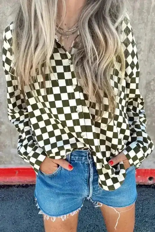 Shirts Green / S / 100%Cotton Checkerboard Chic Loose Fit Shirt