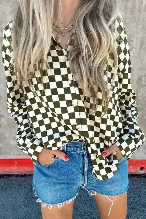 Green checkerboard loose fit spring casual shirt front view — Fashionfitz UK
