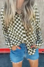 Checkerboard Loose Fit Casual Shirt Women UK in green — front view showing bold green checkerboard pattern and shirt collar — Fashionfitz