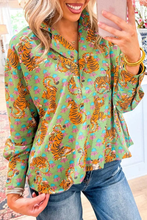 Green tiger print bold casual shirt blouse front view — Fashionfitz UK