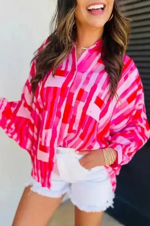 Pink abstract print batwing button-front shirt blouse front view — Fashionfitz UK