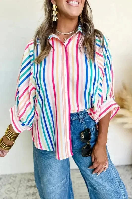Shirts Pink Stripe / S / 100%Polyester Peony Pinstripe Casual Shirt