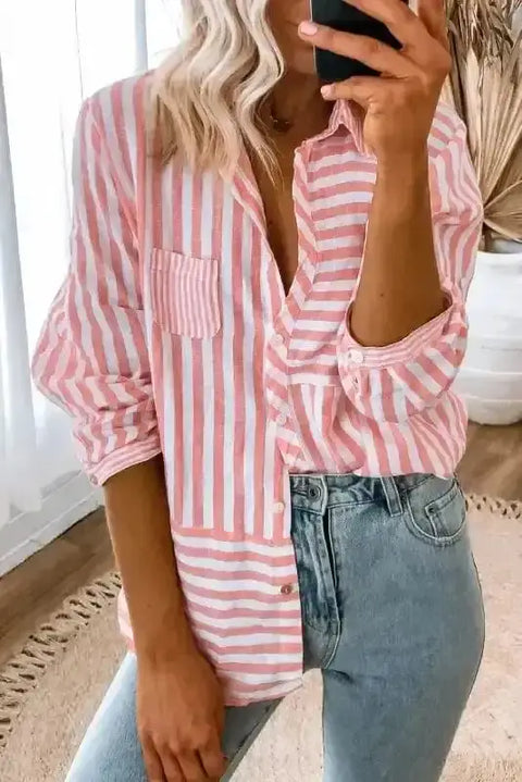 Pink striped everyday casual shirt blouse front view — Fashionfitz UK