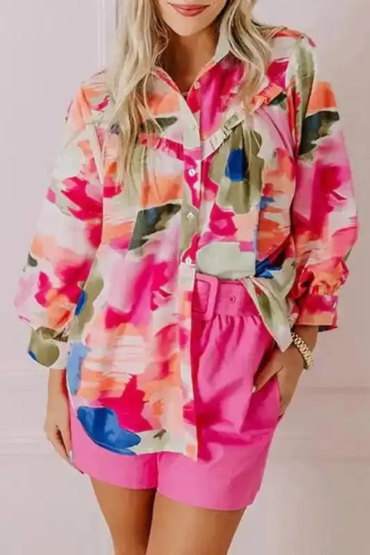 Shirts Rose / S / 100%Polyester Boho Abstract Puff Sleeve Shirt