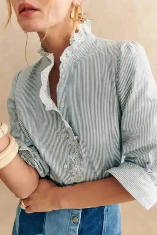 Shirts Sky Blue Stripe / S / 65%Polyester+35%Cotton Sky Blue Striped Frill-Trim Shirt