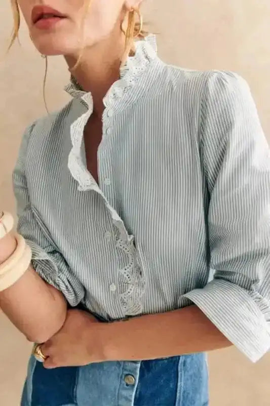 Shirts Sky Blue Stripe / S / 65%Polyester+35%Cotton Sky Blue Striped Frill-Trim Shirt