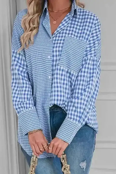 Sky blue plaid stripe urban long sleeve shirt front view — Fashionfitz UK