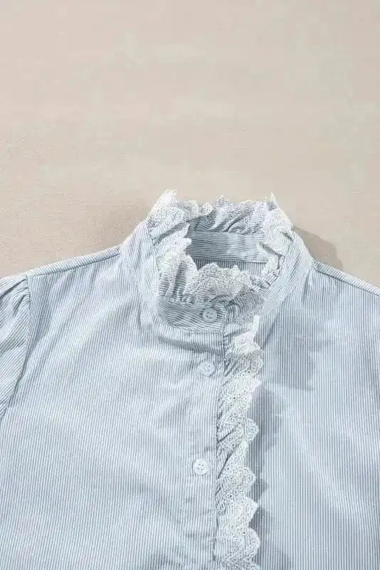 Shirts Sky Blue Striped Frill-Trim Shirt