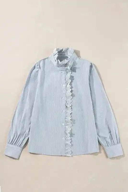 Shirts Sky Blue Striped Frill-Trim Shirt