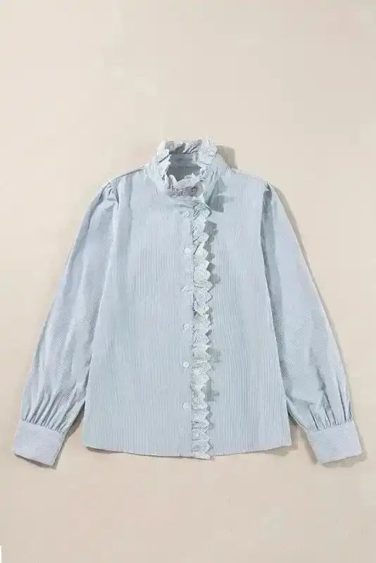 Sky Blue Striped Frill-Trim Long Sleeve Shirt Women UK styled as an elegant smart-casual spring outfit — Fashionfitz