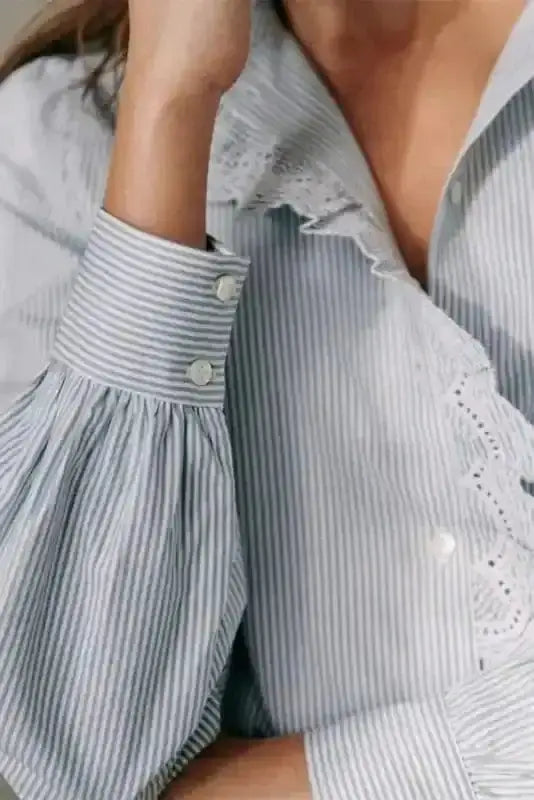 Side view of Sky Blue Striped Frill-Trim Shirt showing frilled neckline detail and shirred bodice — Fashionfitz