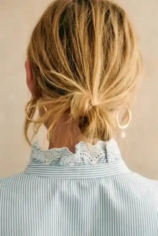 Back view of Sky Blue Striped Frill-Trim Long Sleeve Shirt showing long sleeves and elegant silhouette — Fashionfitz