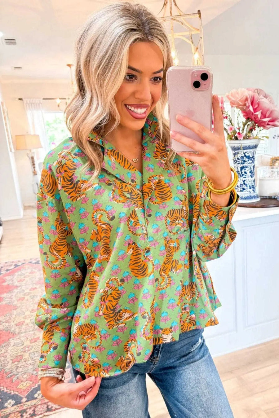 Side view of Tiger Print Casual Shirt Blouse showing shirred bodice and bold green tiger floral print — Fashionfitz