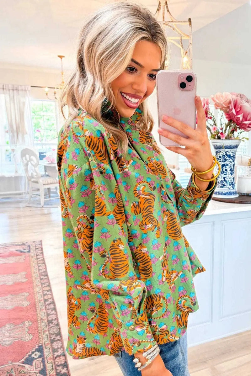 Back view of Tiger Print Casual Shirt Blouse showing long sleeve silhouette and relaxed comfortable fit — Fashionfitz