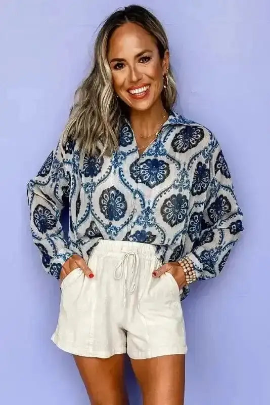 Blue Floral Print Boho Loose Fit Button-Up Shirt Women UK styled as an effortless boho holiday outfit — Fashionfitz