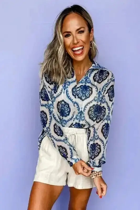 Side view of Floral Boho Loose Fit Shirt showing shirred detail and comfortable tribal-inspired silhouette — Fashionfitz