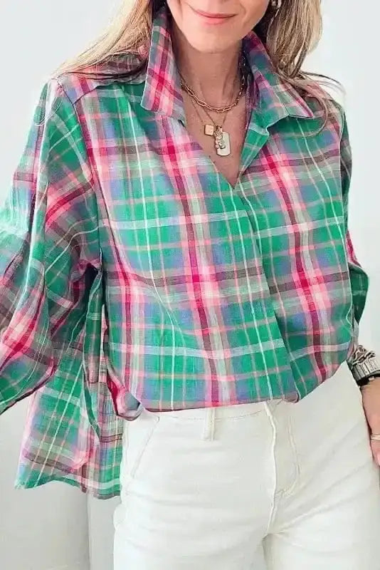 Back view of Green Plaid Comfort Casual Shirt showing long sleeves and relaxed comfortable silhouette — Fashionfitz