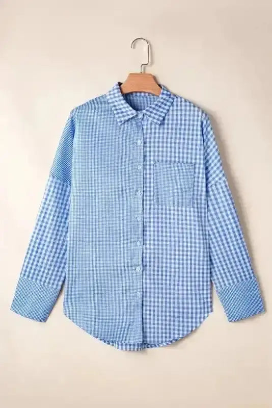 Close-up of Blue Plaid Stripe Long Sleeve Shirt showing sky blue plaid stripe pattern on 97% polyester-elastane fabric — Fashionfitz