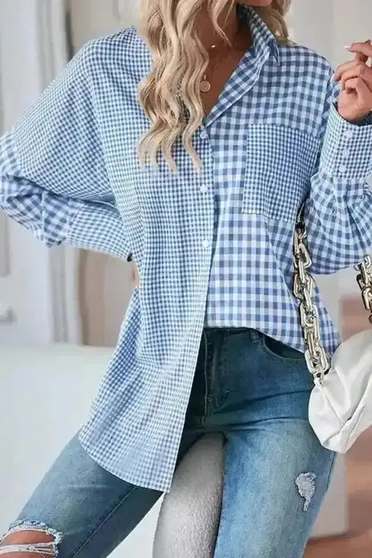 Side view of Blue Plaid Stripe Long Sleeve Shirt showing comfortable stretch fit and shirred bodice — Fashionfitz