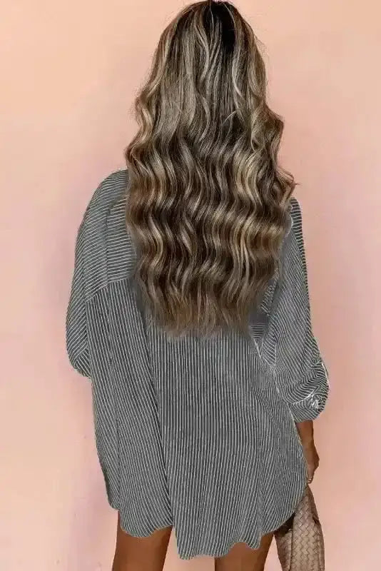 Back view of Striped Longline Tab Sleeve Shirt showing elongating longline cut and shirt collar — Fashionfitz