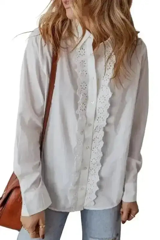 Close-up of White Lace Crochet Trim Cotton Shirt showing intricate lace crochet trim detail on crisp white cotton — Fashionfitz