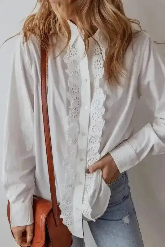 Side view of White Lace Crochet Trim Shirt showing flutter sleeve detail and cotton fabric drape — Fashionfitz