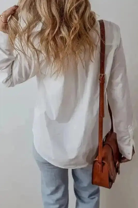 Back view of White Lace Crochet Trim Cotton Shirt showing long sleeves and elegant relaxed silhouette — Fashionfitz