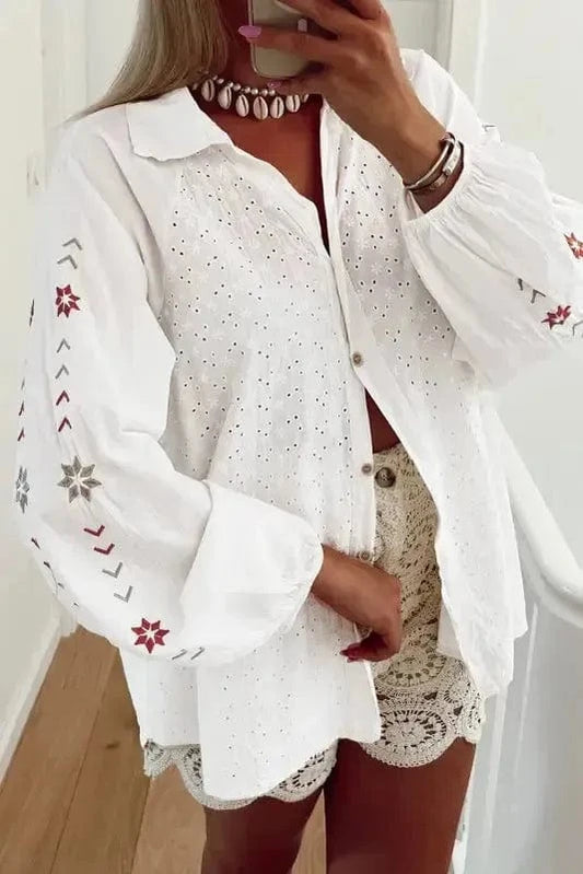 Shirts White / S / 100%Cotton Embroidered Bloom Puff Shirt